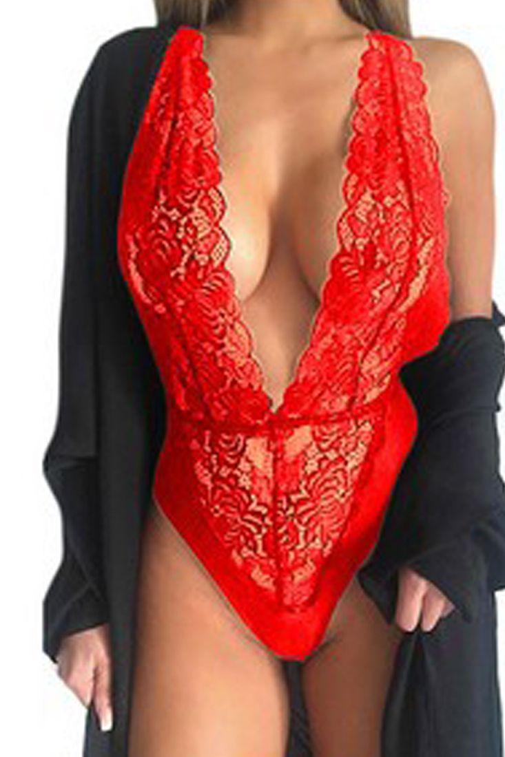 Red Halter Plunging Neckline Teddy Areous