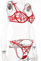 Red Heart Embroidery Sheer Ribbon Bow 2 Pc Lingerie Set Areous