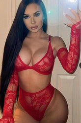 Red Lace Arm Sleeves High Waist 3 Pc Lingerie Set Areous