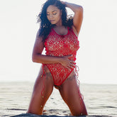 Red Lace Grommet-accent Swimsuit Areous