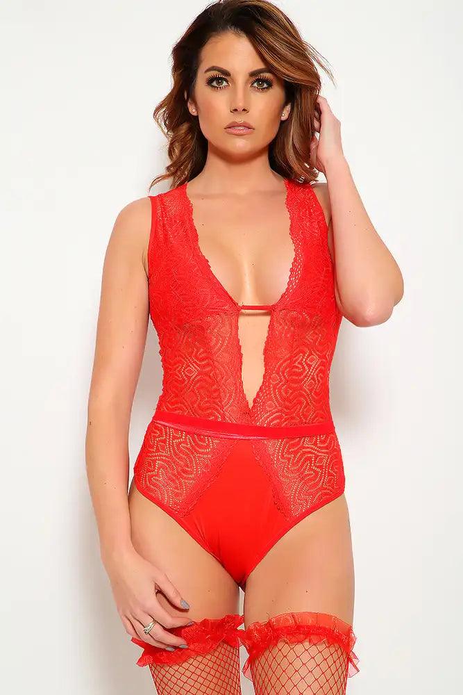 Red Lace Plunging Neck Bodysuit Imitates Areous