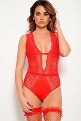 Red Lace Plunging Neck Bodysuit Imitates Areous