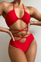 Red Lace Up Strappy Halter Two Piece Swimsuit Areous