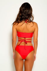 Red Lace Up Strappy Halter Two Piece Swimsuit Areous