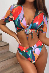 Red Multi Colored Short Sleeve Mesh Three Piece Swimsuit Areous