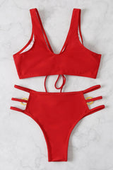 Red O-Ring Accent Strappy Hollow Out 2 Pc Bikini Set Areous