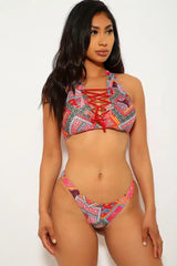 Red Orange Moroccan Print Lace Up Racerback Two Piece Swimsuit Areous