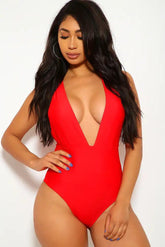Red Plunging One Piece Swimsuit Areous