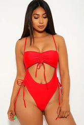 Red Ruched One Piece Swimsuit Areous