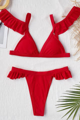 Red Ruffle Cold Shoulder V-Neck 2 Pc Swimsuit Areous