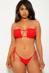 Red Ruffled Bandeau Two Piece Swimsuit Areous