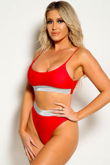 Red Shimmery Mid Rise Two Piece Swimsuit Areous