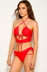 Red Strappy Cut Out Halter Two Piece Swimsuit Areous