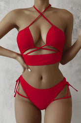 Red Strappy Cut Out Halter Two Piece Swimsuit Areous