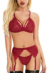 Red Strappy Lace Bra Garter Pantie Lingerie Set Areous
