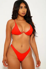 Red V Wire Two Piece Swimsuit Areous