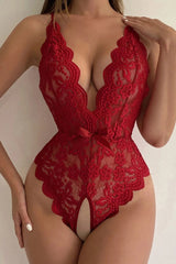 Red Wavy Floral Lace Backless Open Crotch Teddy Areous