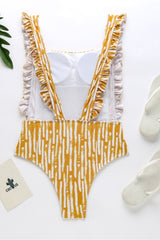 Rhombus Print Ruffle One-piece Swimsuit Areous