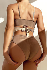 Rice Brown Criss Cross Cheeky Two Piece Swimsuit Areous