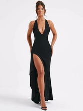 Deep V-neck thigh-high slit maxi dress