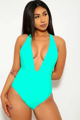 Seafoam One Piece Plunging Swimsuit Areous