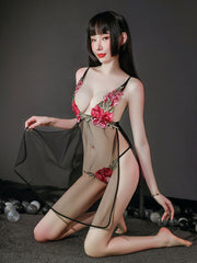 Side Slit Suspender Mesh Nightdress Areous