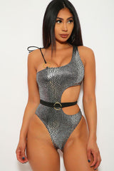 Silver Black Snake Print Cut Out Monokini Areous