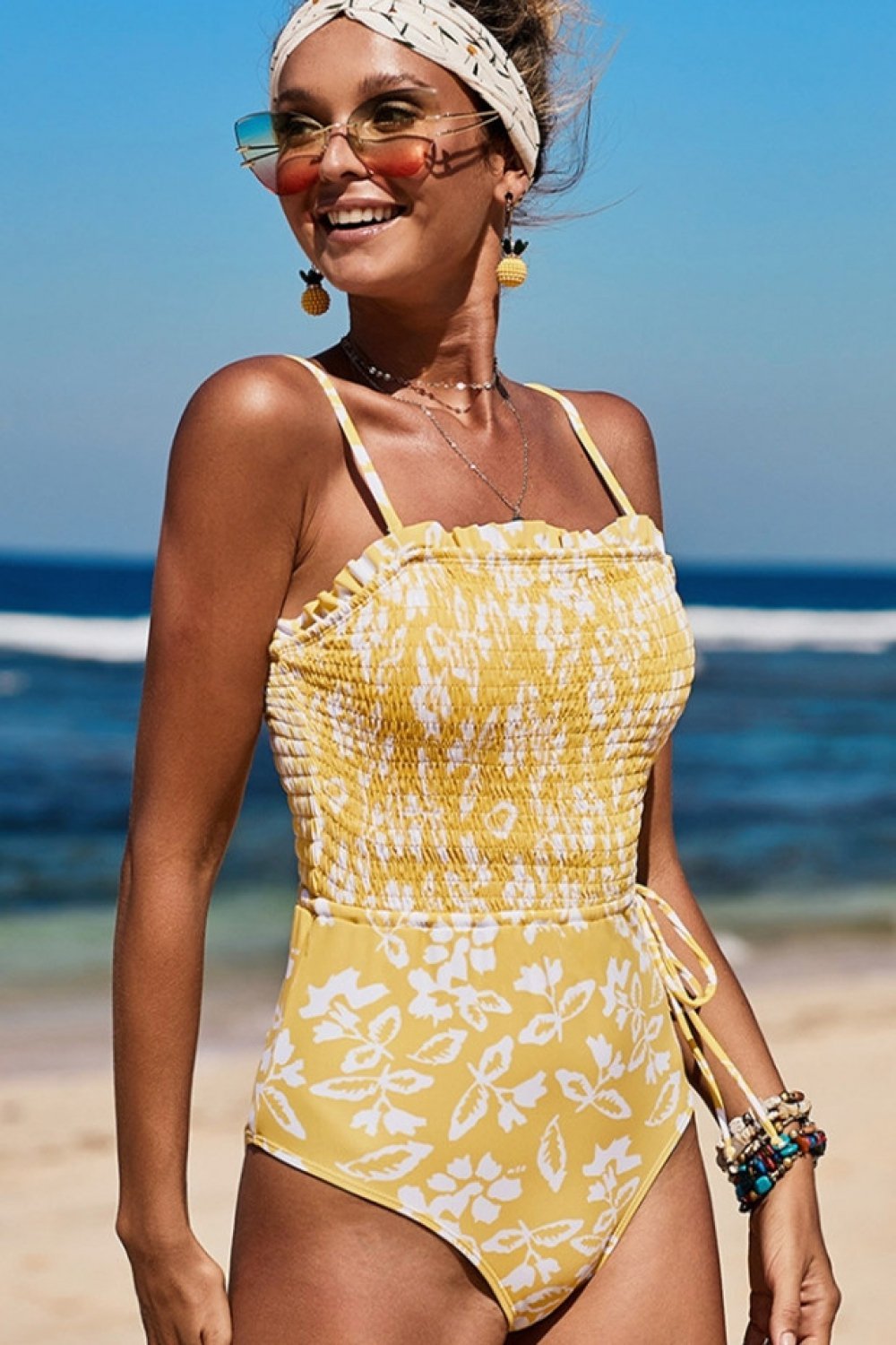 Smocked Drawstring One-piece Swimsuit Areous