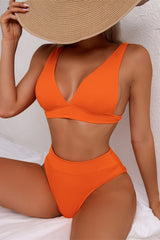 Solid Color Deep V High Waist Bikini Set Areous