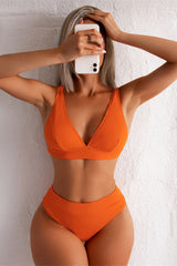 Solid Color Deep V High Waist Bikini Set Areous