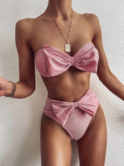 Solid Color Glitter Bow Bandeau Bikini Set Areous