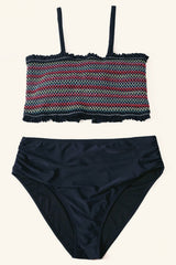 Split Color Smocked Bandeau Bikini Set Areous