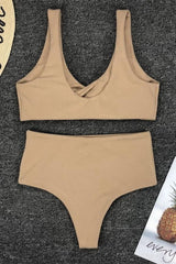 Split Flannel Irregular Knotted High Waist Bikini Areous