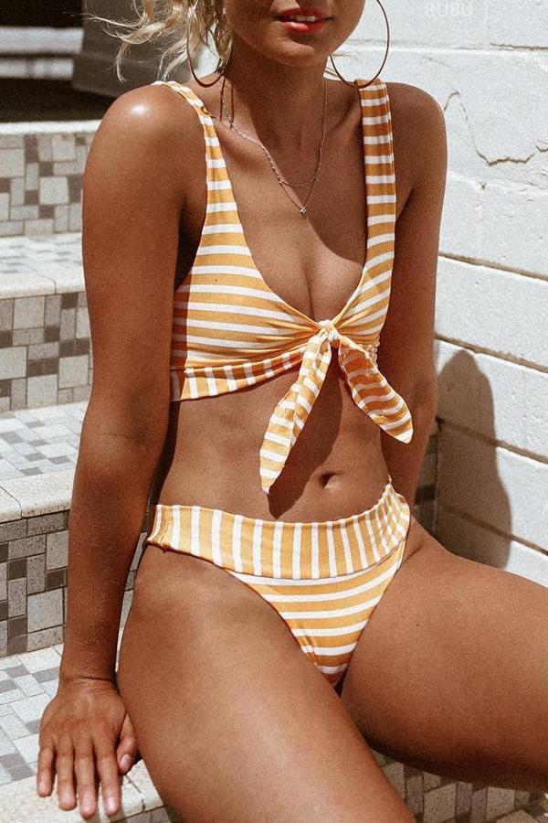 Striped Front Knot Gather Bikini Set Areous