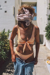 Striped Front Knot Gather Bikini Set Areous