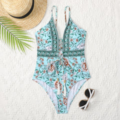 Tassel lace-up Patchwork One Piece Swimsuit Areous