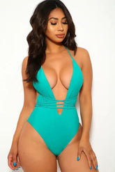 Teal V-Cut Braided One Piece Swimsuit Areous