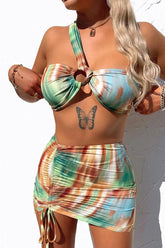 Tie Dye Printed One Shoulder 3 Pc Swimsuit With Skirt Cover Up Areous