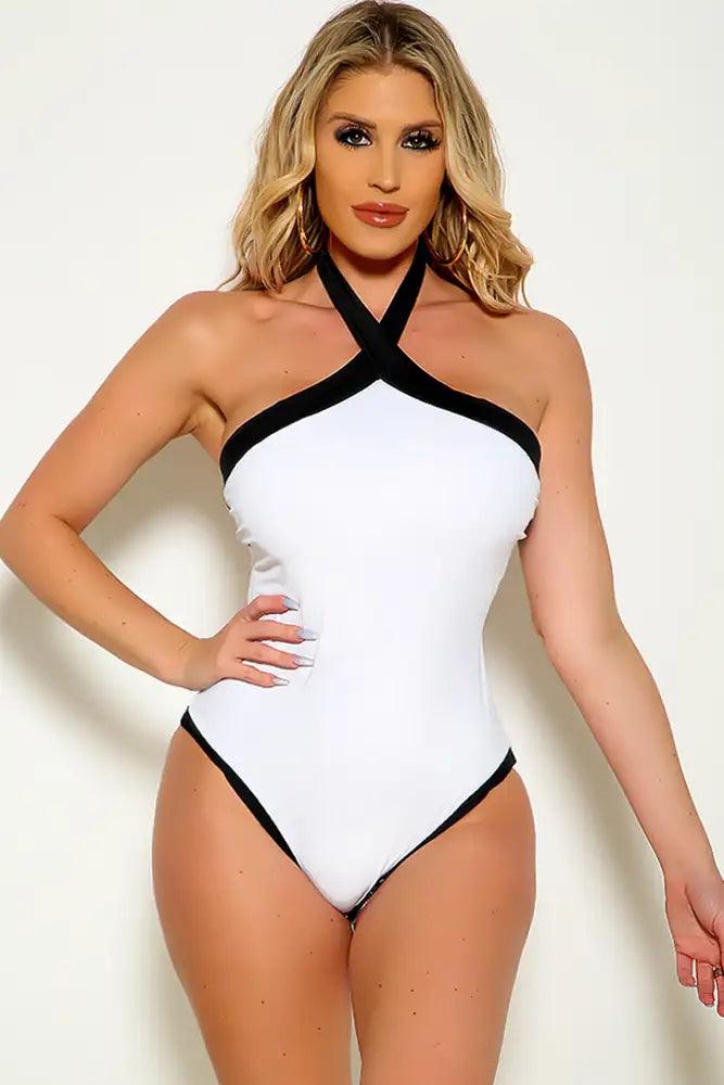 White Black Halter Tie One Piece Swimsuit Areous