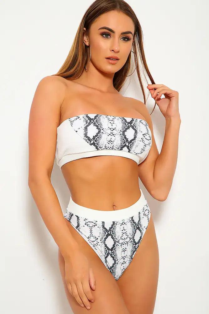 White Black Snake Print Bandeau Cheeky Two Piece Swimsuit Areous