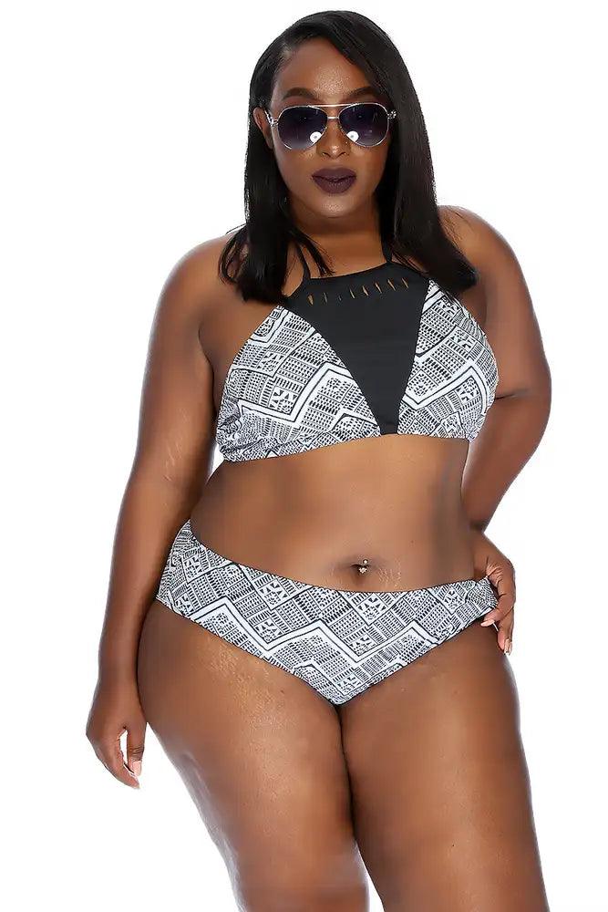 White Black Tribal Print Razor Cutout Accent Plus Size Two Piece Swimsuit Areous