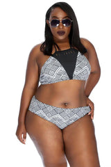 White Black Tribal Print Razor Cutout Accent Plus Size Two Piece Swimsuit Areous