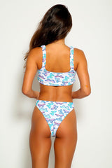 White Blue Butterfly Print Two Piece Swimsuit Areous