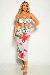 White Floral Print Bandeau Three Piece Swimsuit Areous