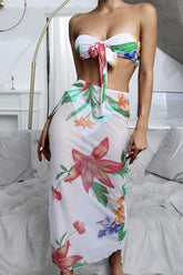 White Floral Print Bandeau Three Piece Swimsuit Areous