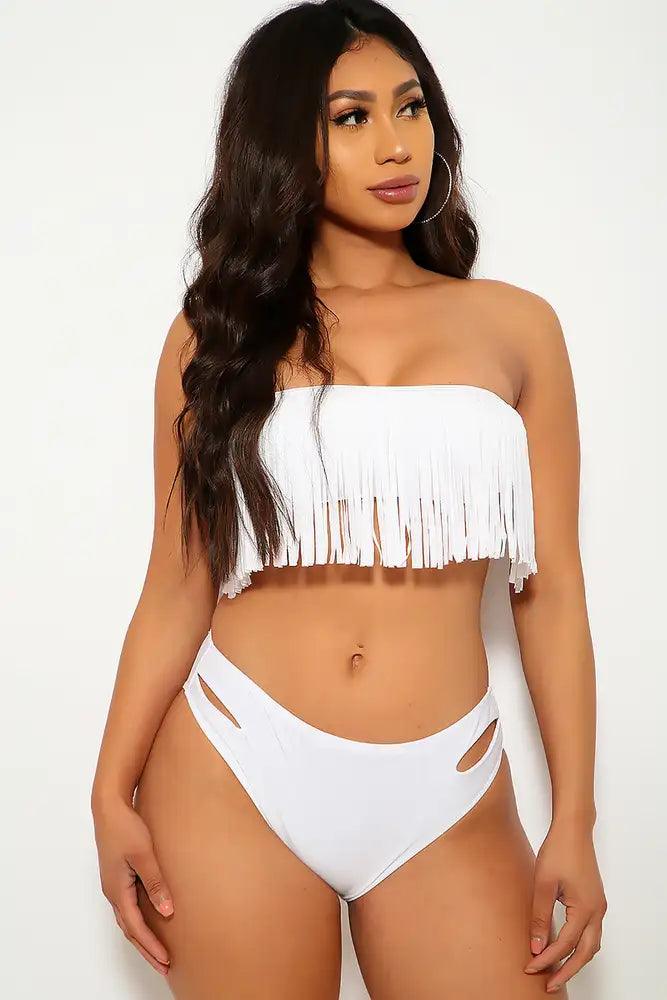 White Fringe Accent Two Piece Swimsuit Areous