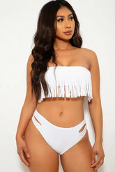 White Fringe Accent Two Piece Swimsuit Areous