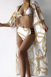 White Gold Chain Print Three Piece Swimsuit Areous
