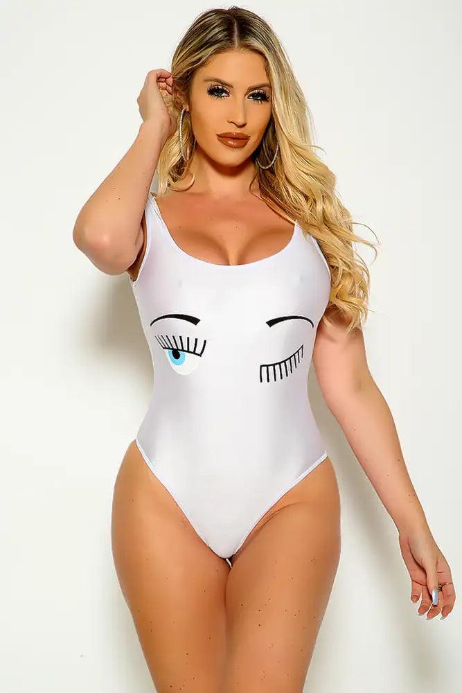 White Graphic Print One Piece Bikini Areous