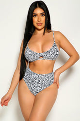 White Leopard Print High Waist Two Piece Swimsuit Areous